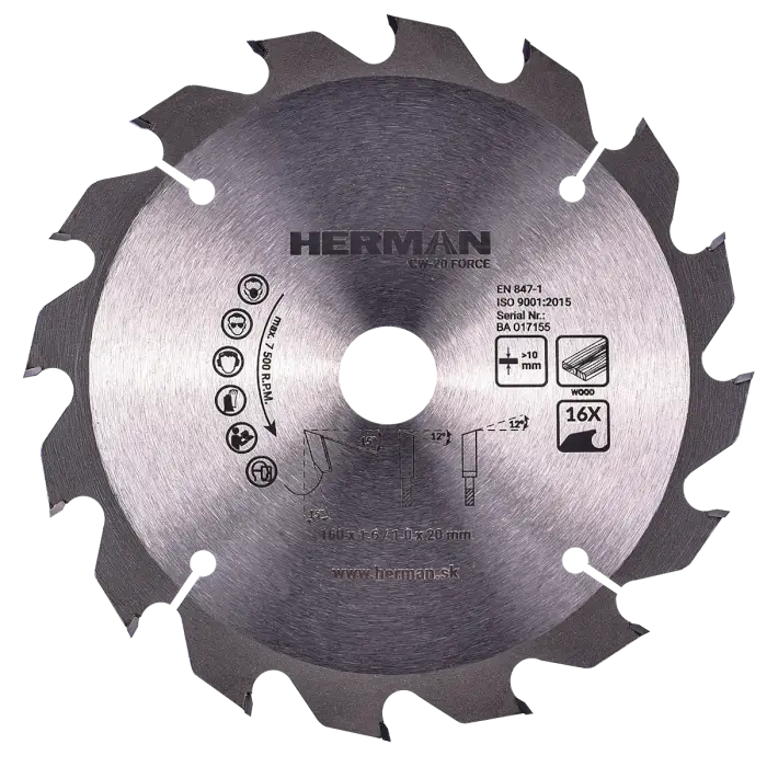 Circular saw blade HERMAN CW-20 Force 160x1,6/1,0x20mm|16 teeth