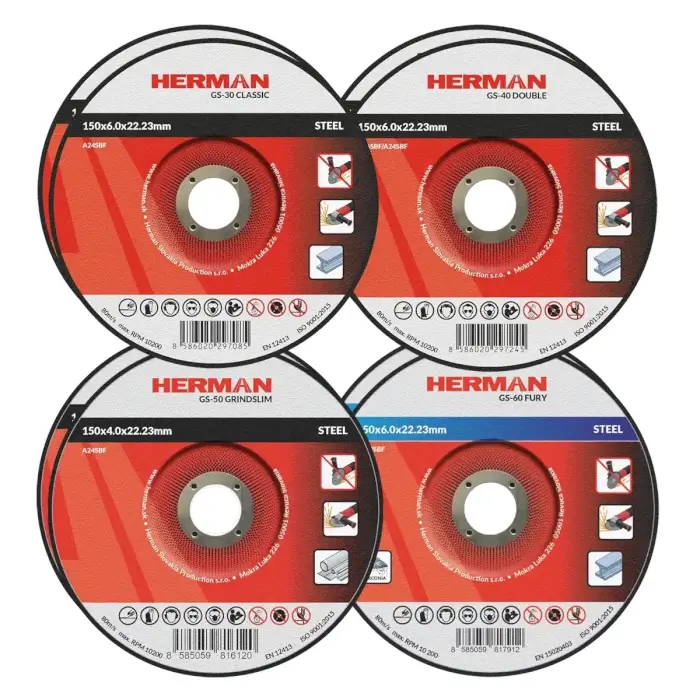 Grinding wheels set HERMAN QGS-10 | For steel 150mm | 2x GS-30 Classic, GS-40 Double, GS-50 GrindSlim, GS-60 Fury | 8pcs