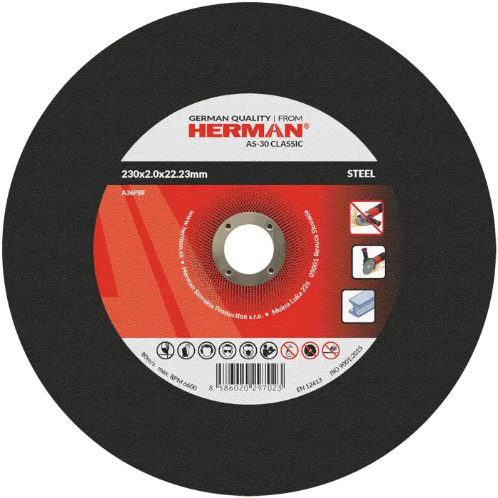 Cutting wheel HERMAN AS-30 Classic|For steel 230x2,0x22,23mm|Flat|TYPE 41